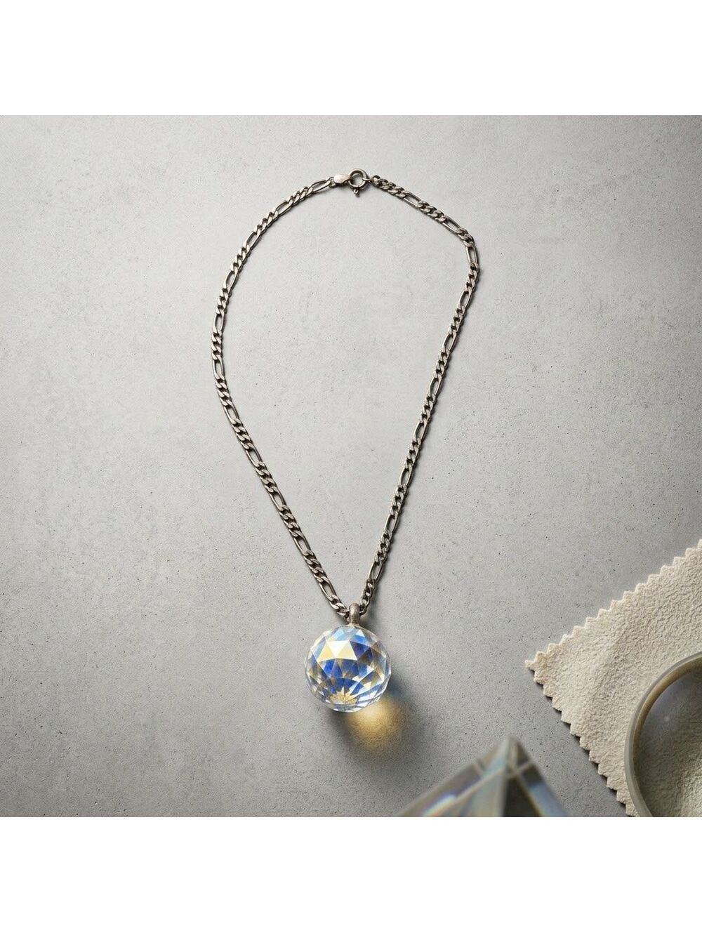 925 Italy Sterling Silver Choker Figaro Chain Faceted Crystal Glass Whimsigoth